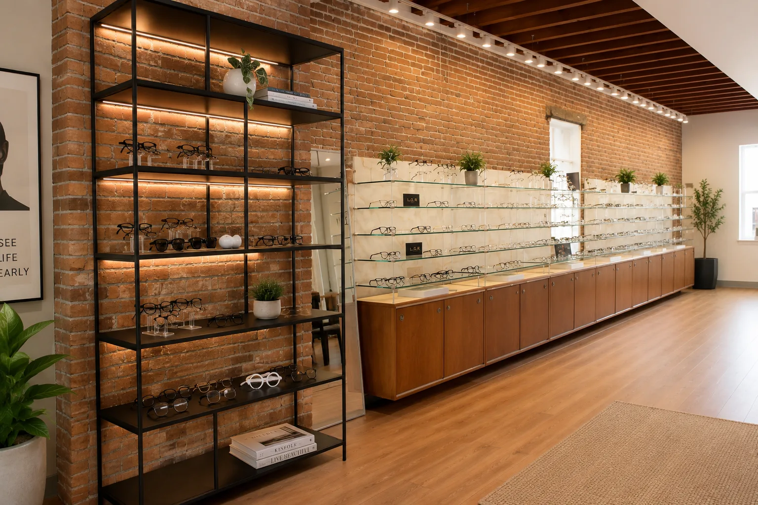 Stylized view inside College Hill Eye & Optical in Providence, RI — warm wood eyewear displays and fitting tables.